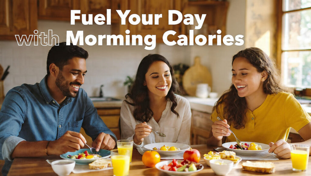 Healthy breakfast bowl with text promoting morning calories for blood sugar control