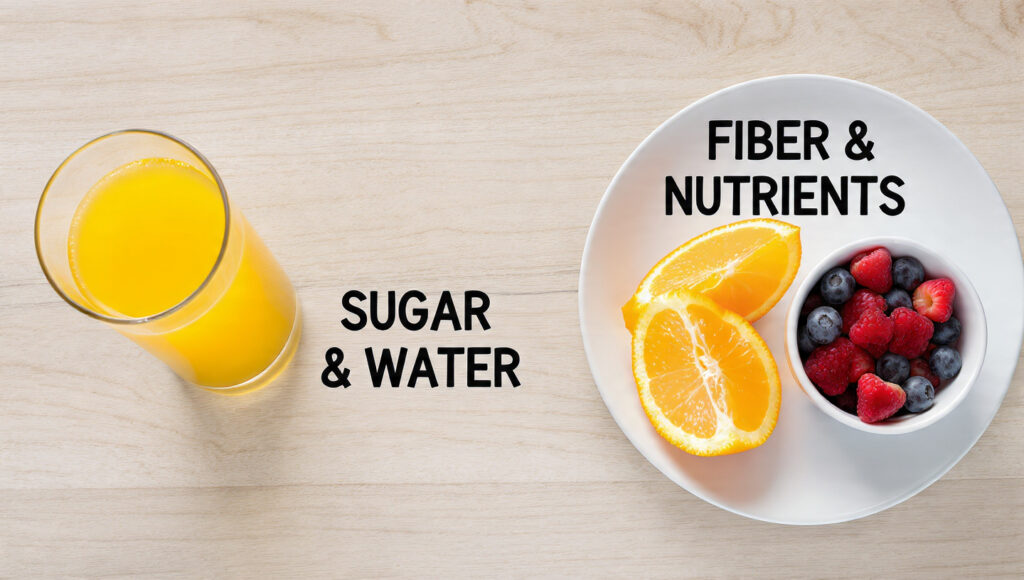 A comparison showing whole fruit is superior to juice when seeking fiber for gut health