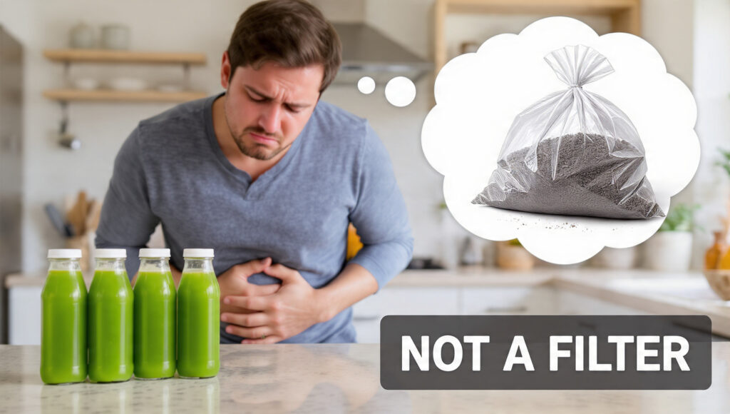 Person drinking green juice confusing their organ for a vacuum bag, illustrating the liver detox myth