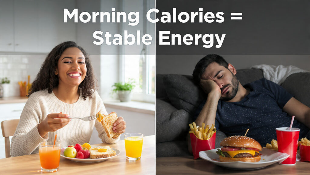 Comparison showing benefits of morning calories for steady energy and blood sugar